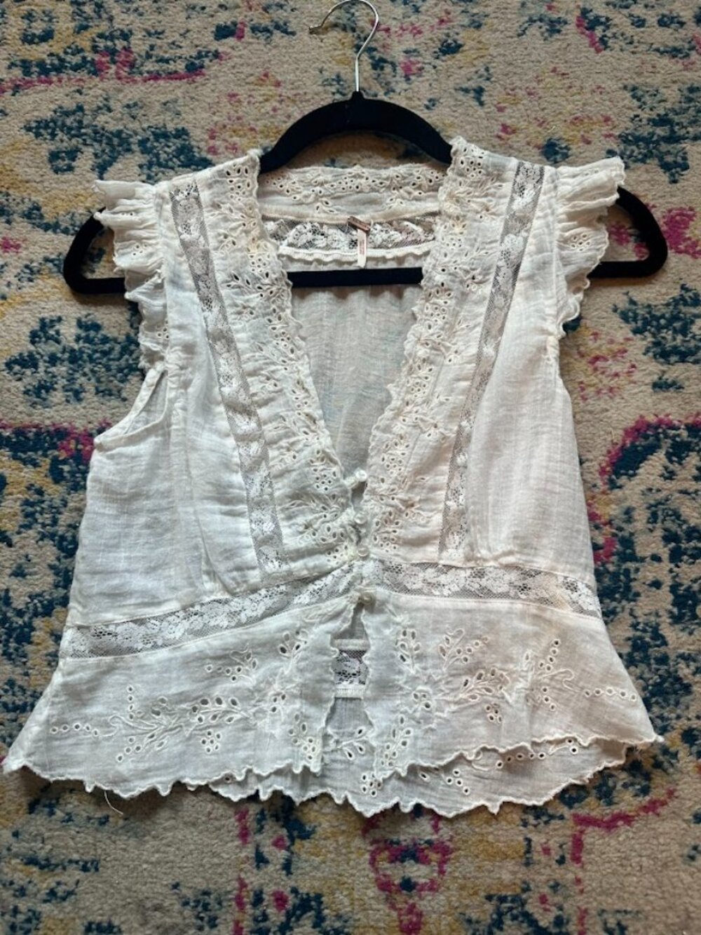 Free People Day Dreamer Lace Trim White Embroidered 100% Cotton Top - XS